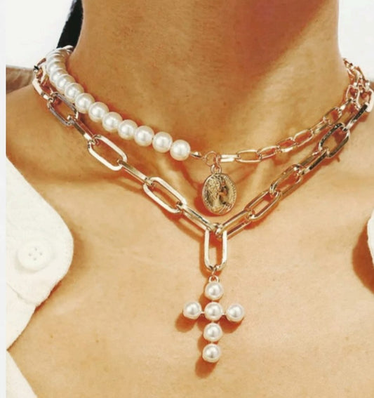 Pearl Cross Layering Necklace