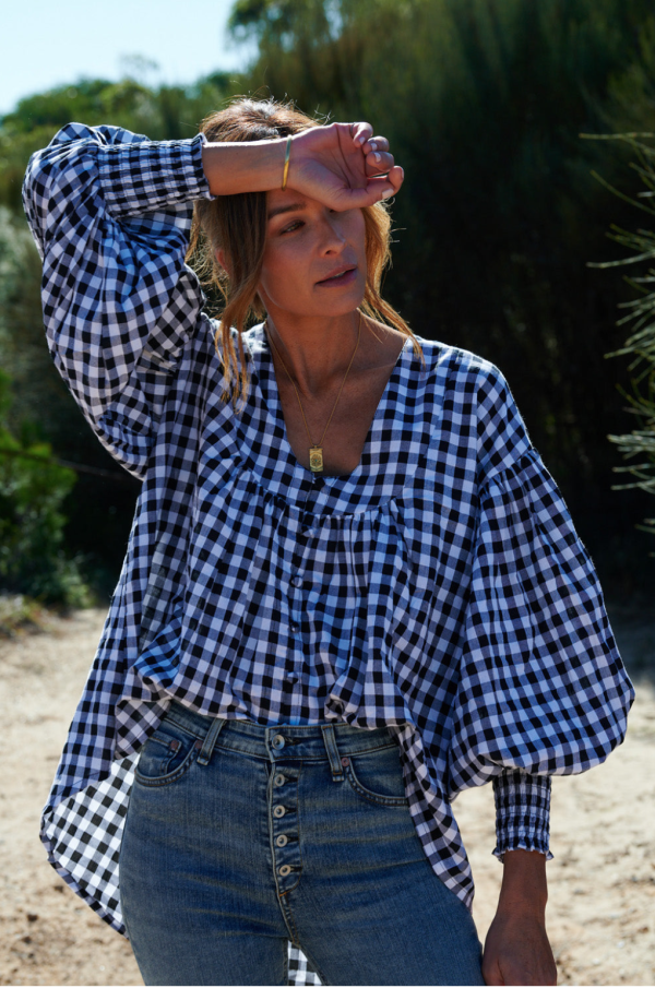 Gingham Cotton Yarn Dyed Blouse featuring button front